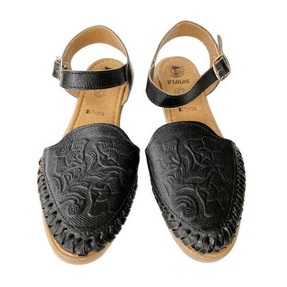D’Lolos Mexican Black Tooled Leather Huarache Sandals Size 9 - Picture 3 of 12